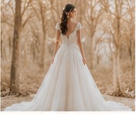 Classic A-line wedding gown displayed at Myra’s Bridal Boutique