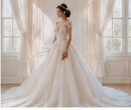 Elegant ball gown wedding dress displayed at Myra’s Bridal Boutique