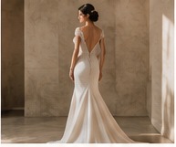 Elegant mermaid-style wedding gown displayed at Myra’s Bridal Boutique